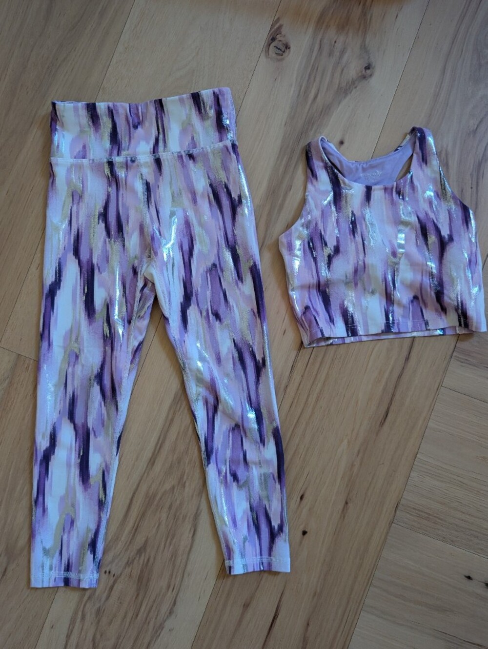 Old Navy Purple Metallic Brushstroke Active Crop Tank And Leggings Sz S